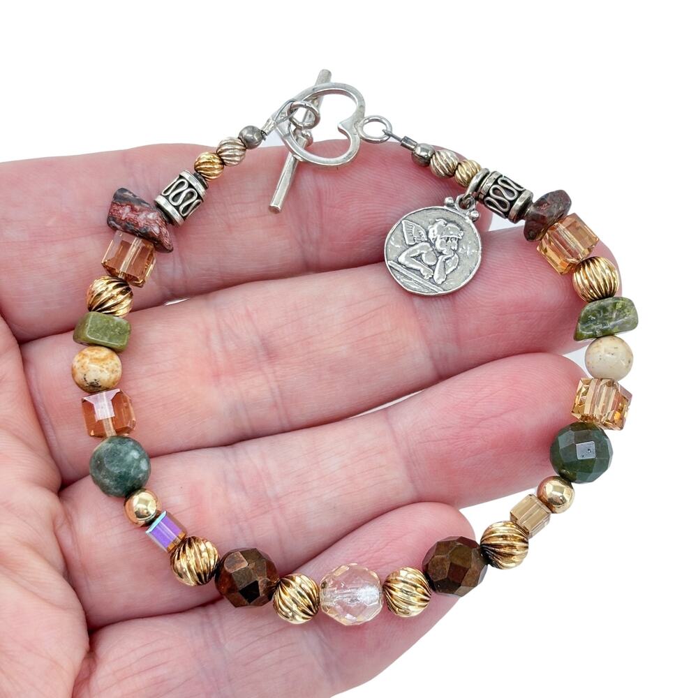 Vintage Sterling Silver 925 Cupid Angel Charm Mixed Bead Bracelet 8"